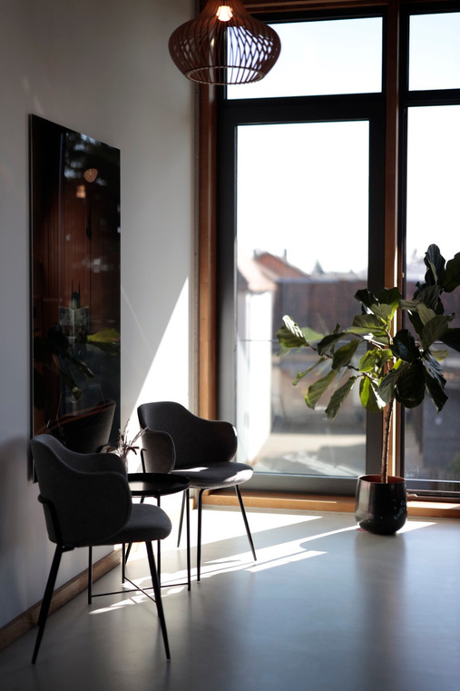 Helles Interieur mit Stühlen und Pflanze am Fenster